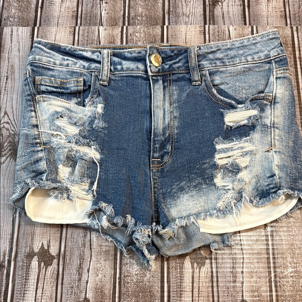 American Eagle High-Rise Shortie Distressed Blue Denim Shorts size 10